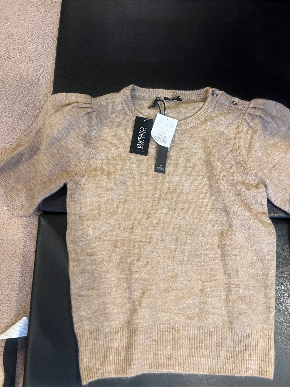 Buffalo David Bitton Taupe Puff-Sleeve Crewneck Sweater